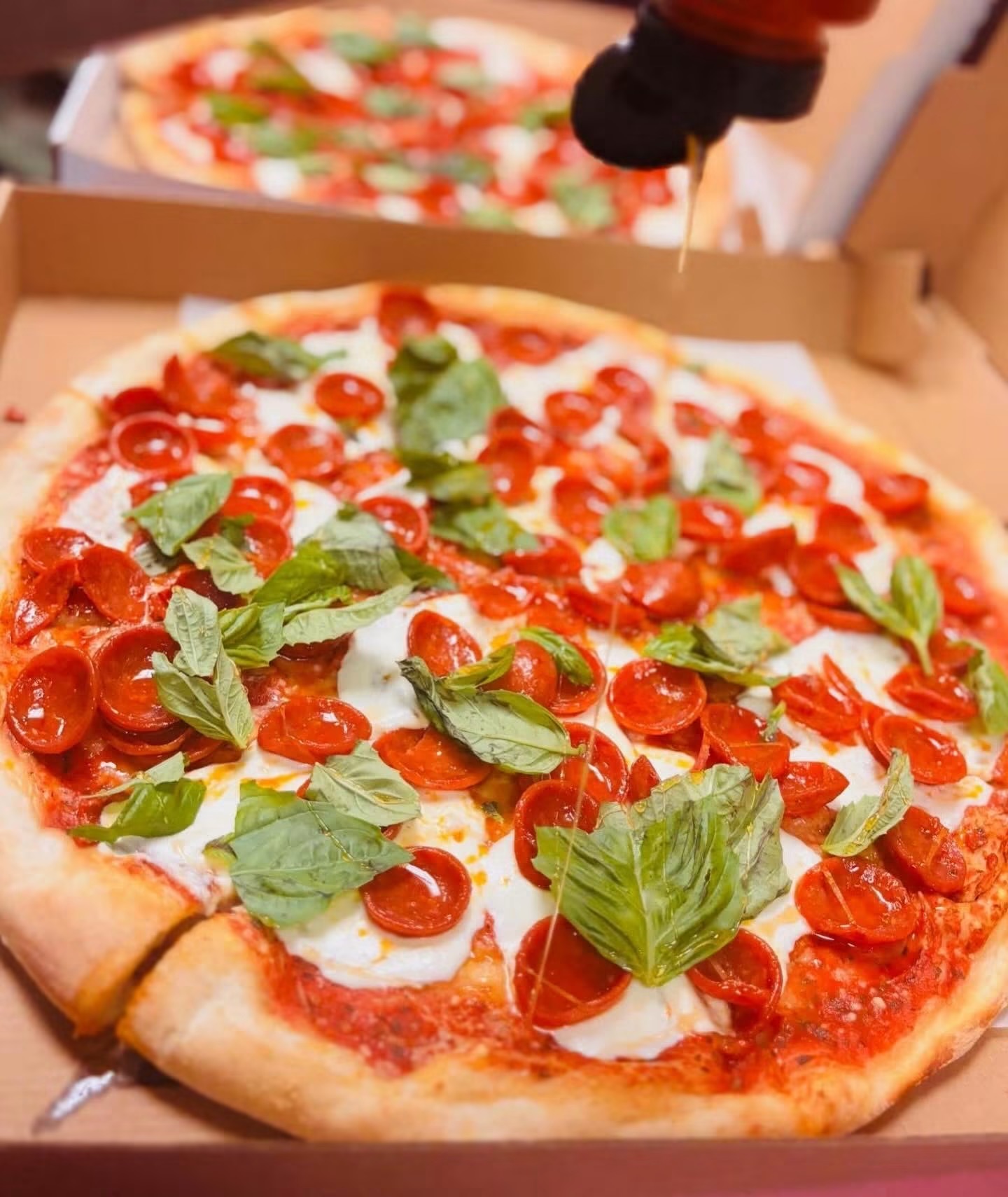 Pepperoni and basil pizza fresh from the oven